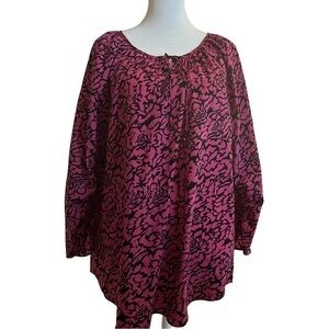 Anne Klein Hot Pink Black Floral Print Blouse XL Office or Casual Top